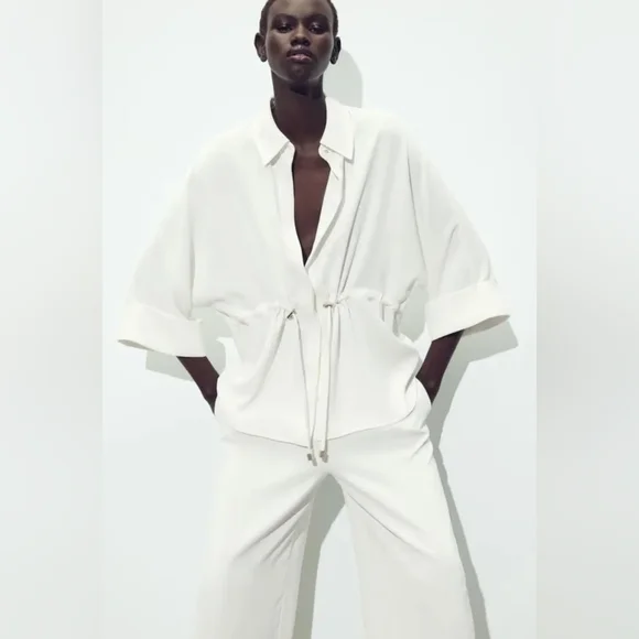 ZARA 2 PIECES SET GATHERED KIMONO SHIRT AND CREPE WIDE LEG PANTS SIZE XS/S - Picture 3 of 15